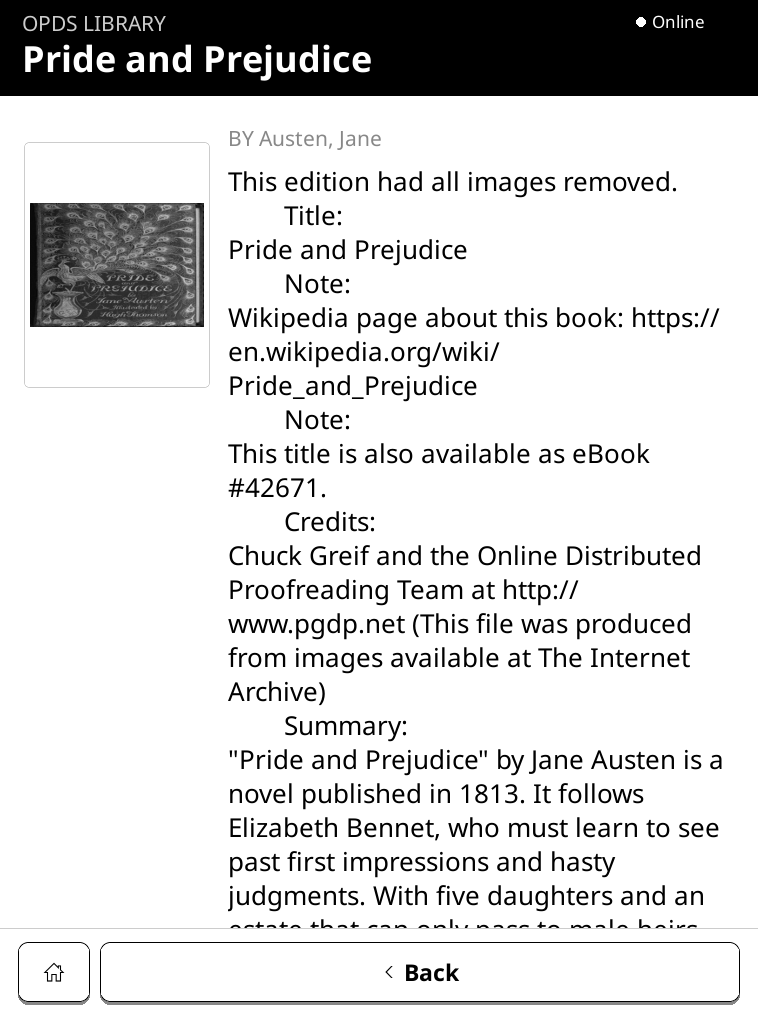 Book detail with cover, metadata, and download formats